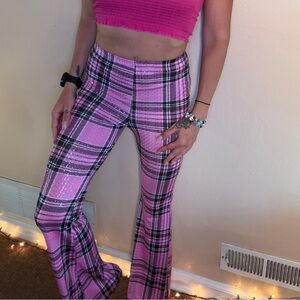 Pink Sequin Plaid High-Waist Flared Pants Festival Outfit